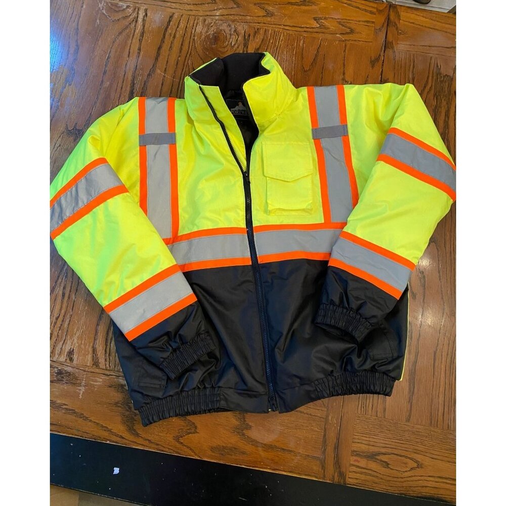High-Visibility Yellow & Black Portwest Quilted Safety Jacket W/ Reflective Stri